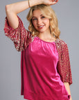 Umgee Round Neck Leopard Balloon Sleeve Velvet Top