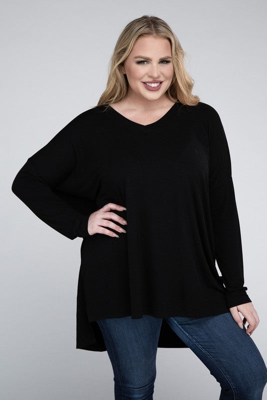 Zenana Plus Dolman Sleeve V-Neck Side Slit Hi-Low Hem Top