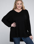 Zenana Plus Dolman Sleeve V-Neck Side Slit Hi-Low Hem Top