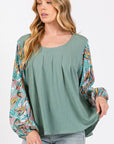 SAGE + FIG Ruched Round Neck Printed Bubble Sleeve Top