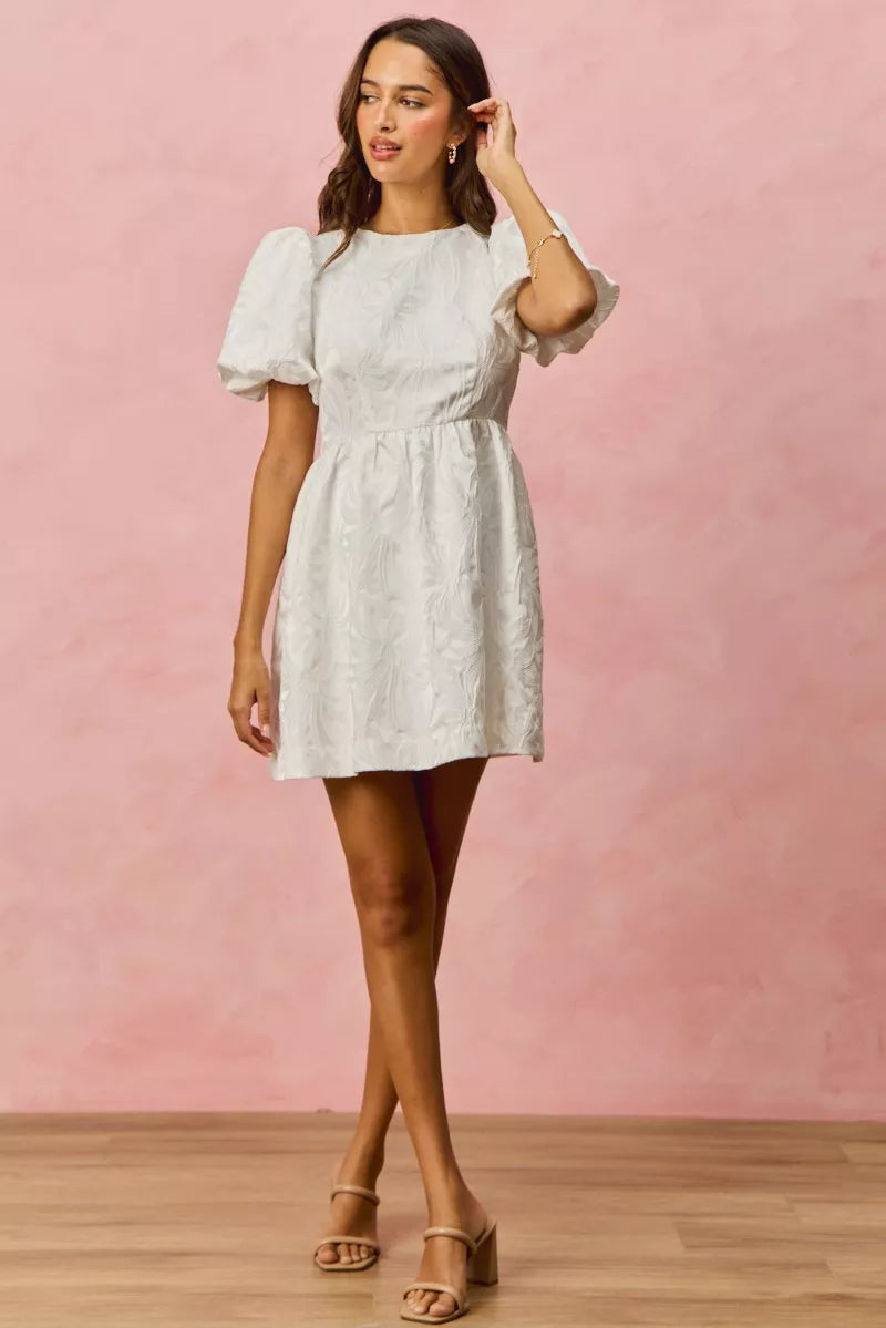 SO ME Floral Jacquard Bubble Shorts Sleeves Mini Dress