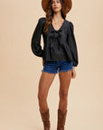 Annie Wear Tie Front Peplum Long Sleeve Denim Top