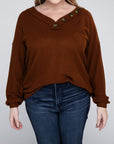 Zenana Plus Brushed Waffle V-Neck Button Detail Sweater