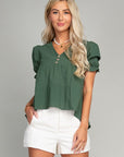 Button Front Puff Sleeve Blouse - Online Only