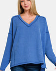 Zenana Texture Exposed Seam V-Neck Long Sleeve T-Shirt