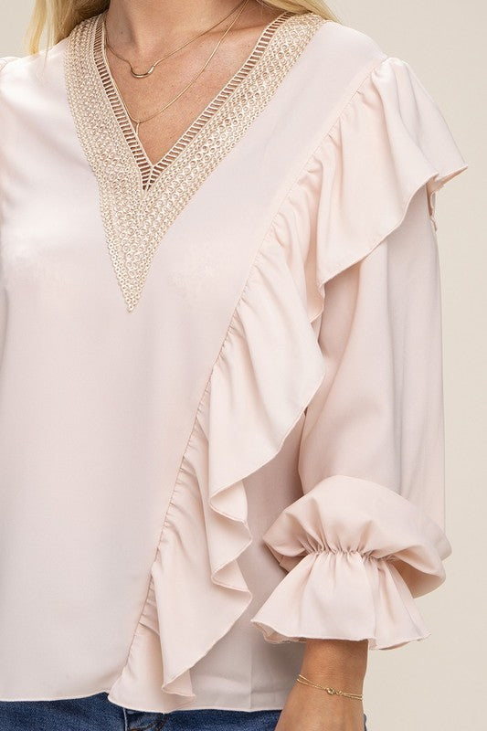 V-Neck Lace Trim Long Sleeve Blouse