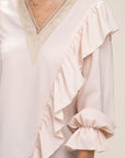 V-Neck Lace Trim Long Sleeve Blouse