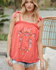 Davi & Dani Embroidered Sleeveless Ruffle Tank Top