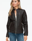 Snobbish Faux Leather Biker Jacket with Side Zip Pockets