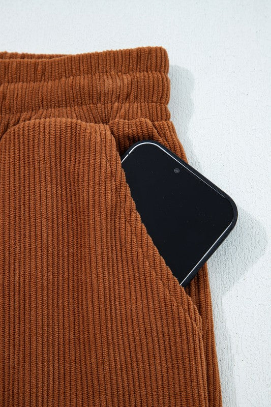 Solid Corduroy Drawstring Elastic Waist Pants