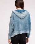 Zenana Acid Wash Cotton Waffle Hooded Zip-Up Jacket