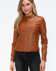 Snobbish Faux Leather Zip Up Drawstring Hooded Jacket