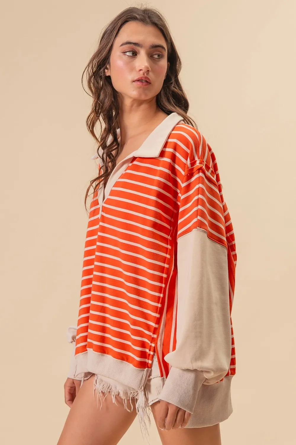 BiBi Stripe Knit Loose Fit Top With Cut Edge Detail in Orange
