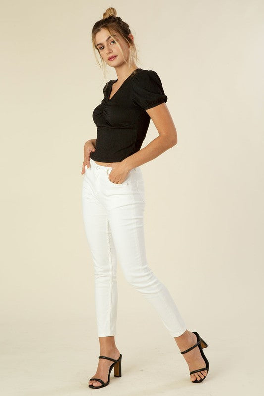 Lilou Shirred V-Neck Top with Puff Sleeves