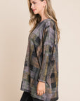 BOMBOM Plaid Round Neck Long Sleeve Top