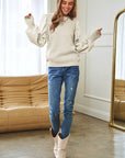 Davi & Dani Pearl Embellishments Contrast Sleeves Sweater