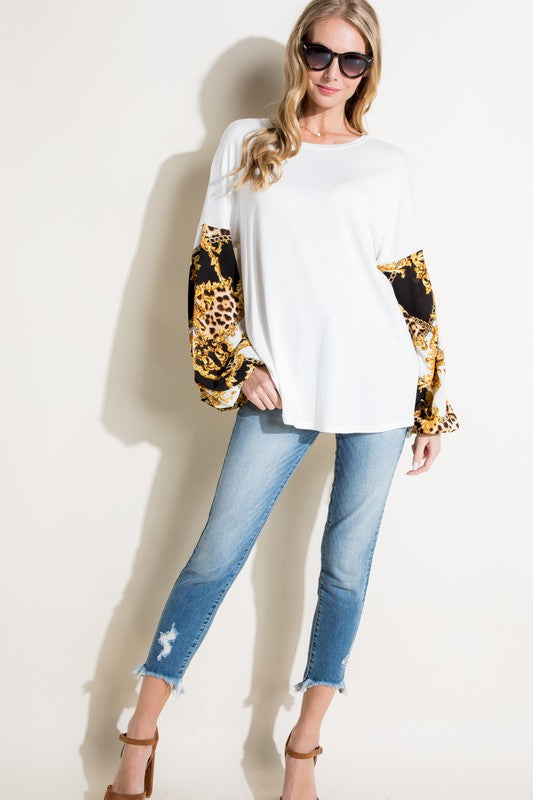 e Luna PLUS Print Solid Mix Volume Sleeve Top