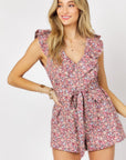 Davi & Dani Printed Button Down V-Neck Mini Romper