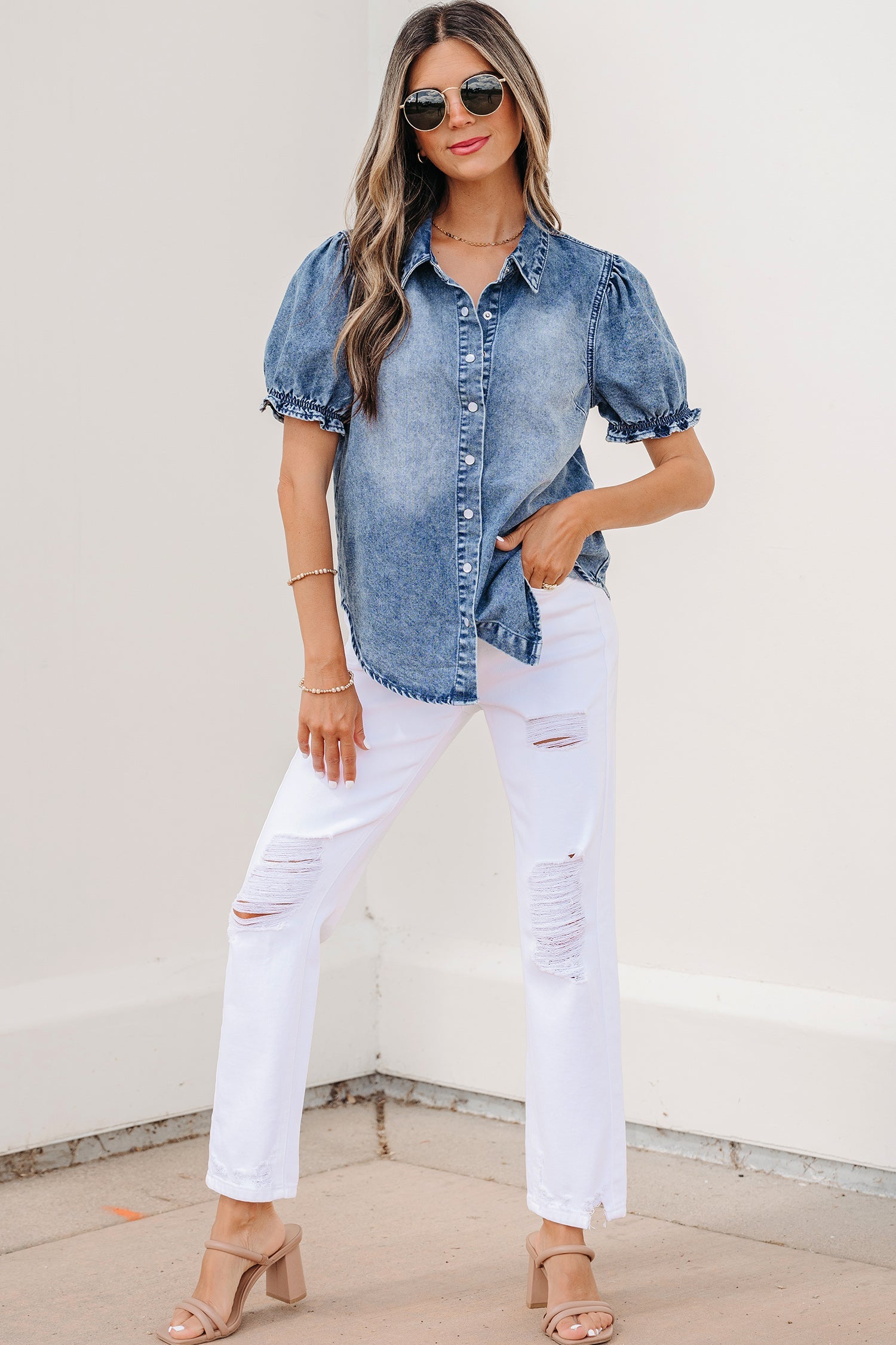 Denim Frilled Short Sleeve Snap Button Shirt
