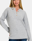 Zenana Button Closure Drop Shoulder Sweater