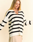 Davi & Dani High-Low Side Slit Striped Johnny Collar Sweater