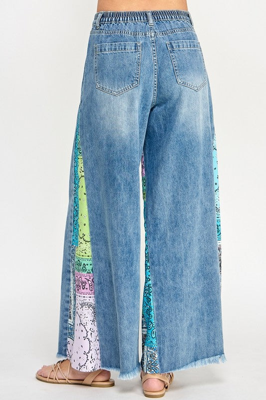 SAGE + FIG Raw Hem Paisley Print Side Wide Leg Jeans