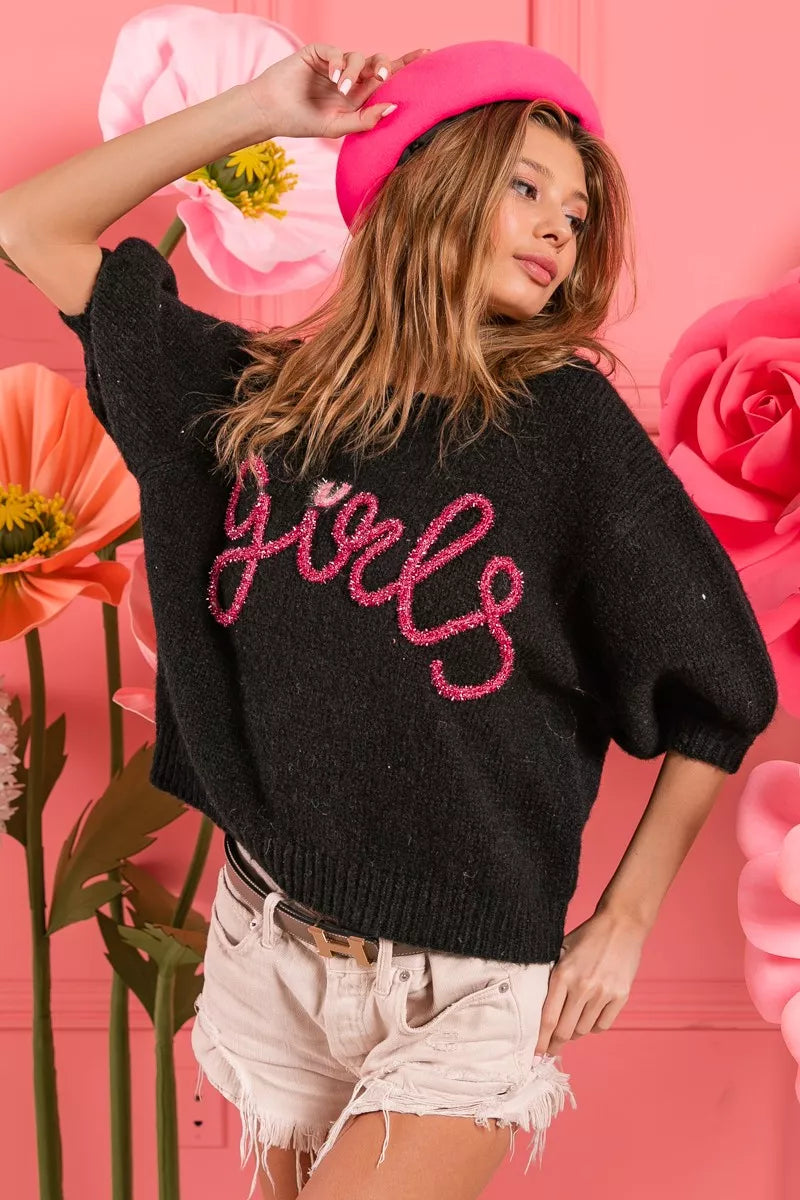 BiBi Metallic Letter Short Puff Sleeve Hairy Sweater