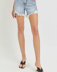 RISEN High Rise Side Step Hem Denim Shorts