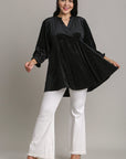 Umgee Full Size Beaded Frill Flounce Sleeve Velvet Babydoll Blouse