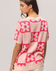 BiBi Flower Checker Pattern Short Sleeve Sweater