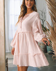 Women Crinkle Distressed Puff Sleeve Flared Dress