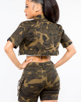 American Bazi Full Size Camouflage Short Sleeve Cropped Jacket