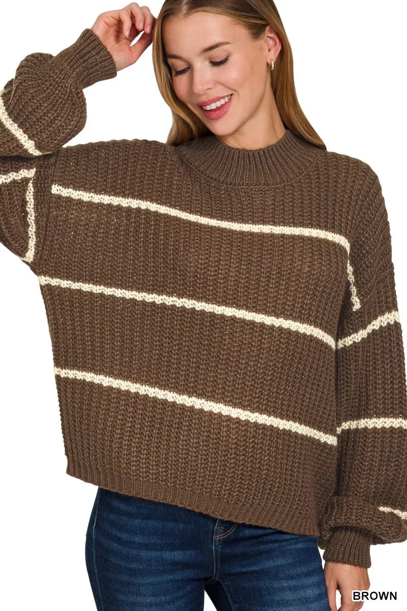 Zenana Oversize Striped Sweater in Brown