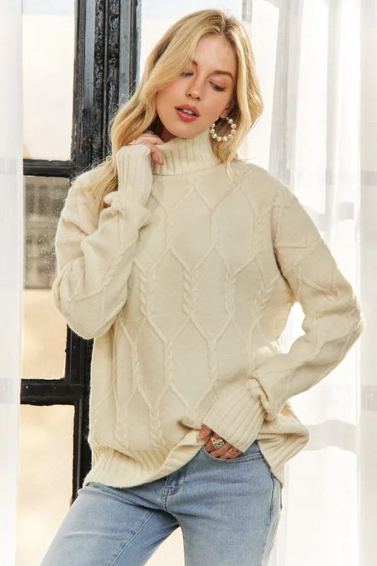 ADORA Braid Diamond Pattern Sweater in Beige