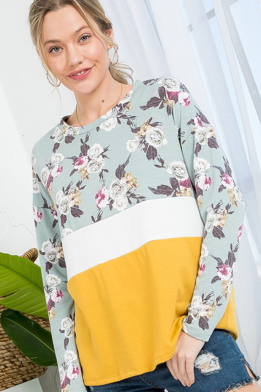 e Luna Floral Mixed Colorblock Top