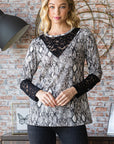 Heimish Full Size Snakeskin Print Round Neck Lace Contrast Top