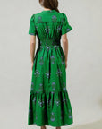 Floral Split Neck Shirred High Waist Maxi Dress