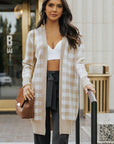 Women Khaki Open Front Plaid Long Cardigan