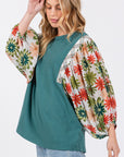 SAGE + FIG Full Size Printed Balloon Sleeve Contrast Top