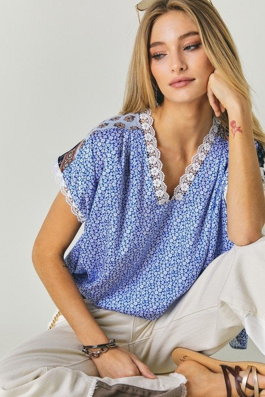 Davi &amp; Dani Printed Lace V-Neck Top - Online Only