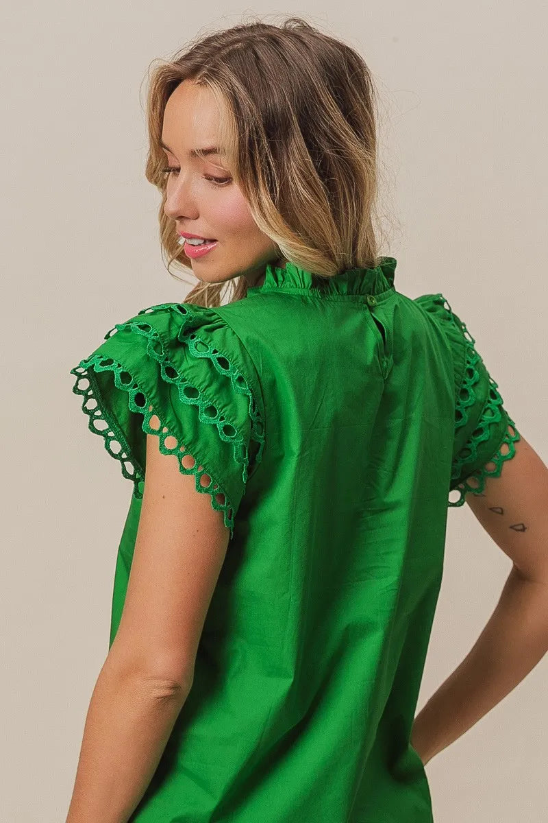 BiBi Solid Woven Circle Trim Ruffle Top