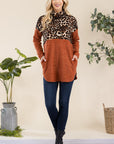 Celeste Full Size Curved Hem Leopard Turtleneck Long Sleeve Blouse