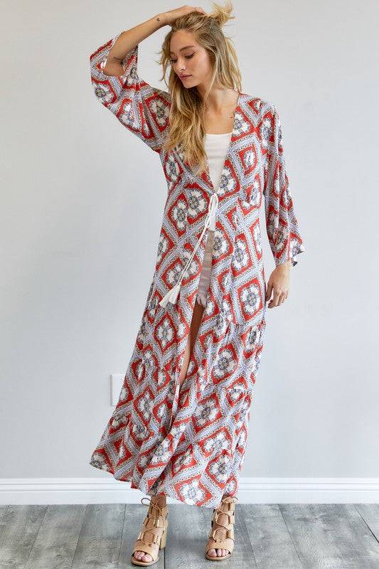 Davi &amp; Dani Printed Long Sleeve Loose Kimono - Online Only