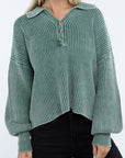 ZENANA Washed Collared Henley Sweater