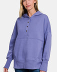 Zenana Half Snap Long Sleeve Hoodie with Kangaroo Pocket