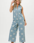 BiBi Star Print Half Zip Sleeveless Denim Jumpsuit