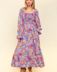 Haptics Smocked Floral Square Neck Flounce Sleeve Dress