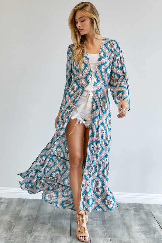 Davi &amp; Dani Printed Long Sleeve Loose Kimono - Online Only