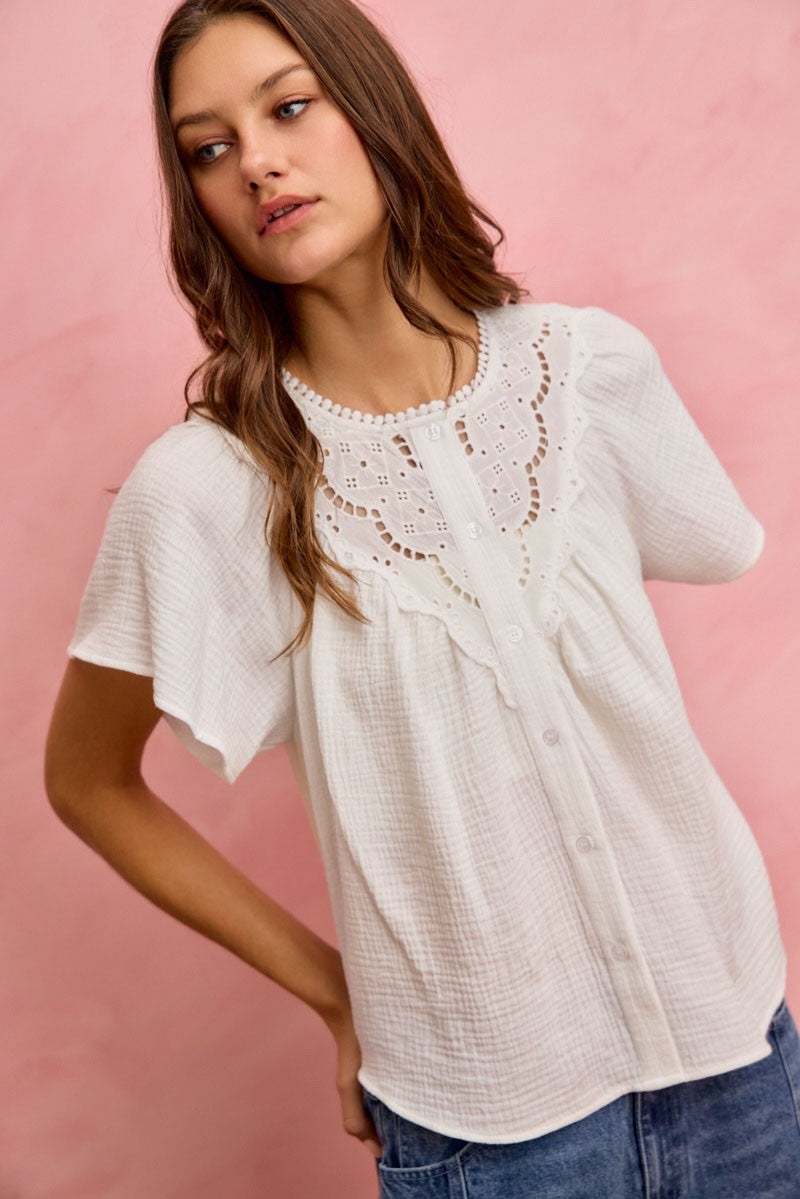 SO ME Cotton Gauze Lace Trim Flutter Sleeves Blouse Top
