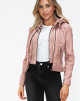 Snobbish Faux Leather Zip Up Drawstring Hooded Jacket